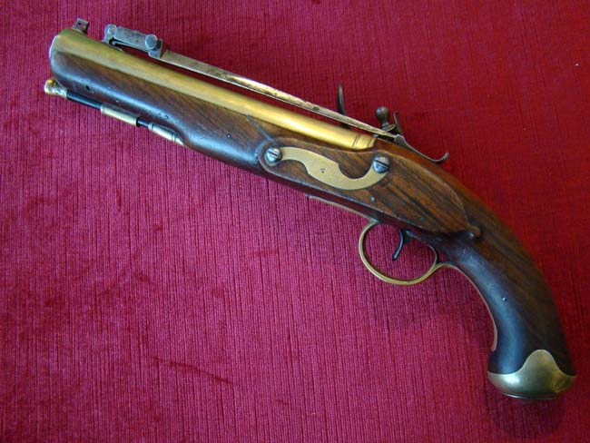 A fine and rare English flintlock blunderbuss pistol by Durs Egg inscribed "FOR HIS MAJESTY'S MAIL COACHES" circa 1800 — image 5